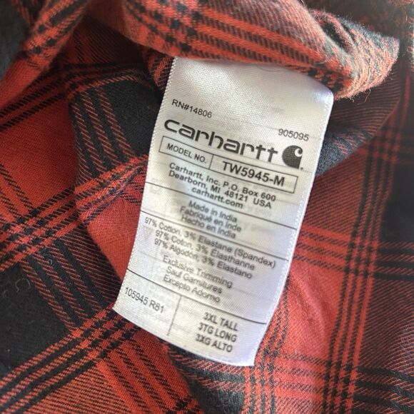Carhartt Flannel Button Up Shirt Mens 3XL Tall Red Plaid Long Sleeve Rugged Flex - Picture 7 of 9